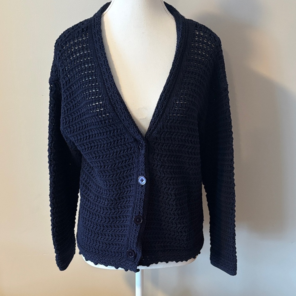 Talbots 100% Cotton Navy Blue Women's Crocheted Sweater Cardigan. Size LP
